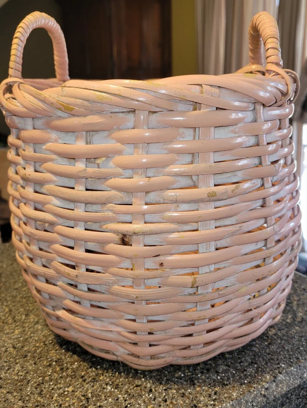 Vintage 90s Pink Wicker Basket Round Storage Boho Cottagecore Decor